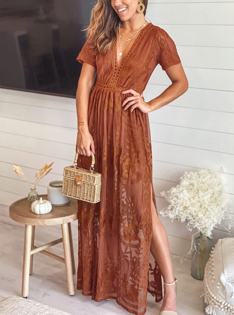 Eleter Women's Romper Dress for Wedding Guest Boho Maxi Floral Lace Wedding Dress Flowy Bridesmaid Beach Bridal Shower Dress(S,Burnt Orange) - Image 2