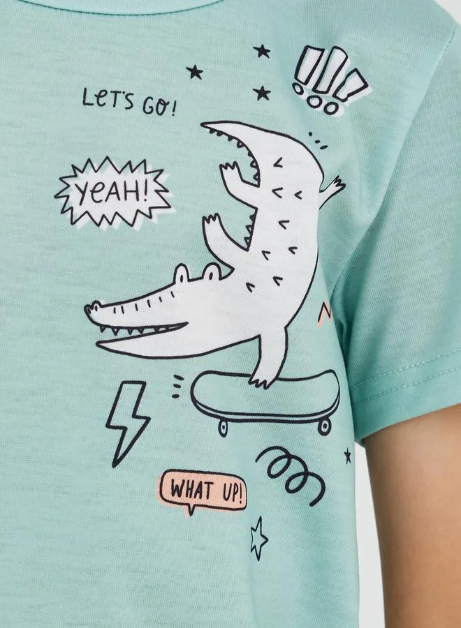 ستايلي Styli Graphic Print Round Neck T-Shirt and Pyjama Set