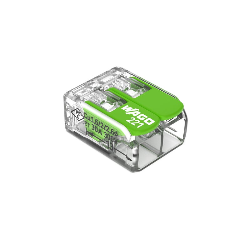Wago 221422 WAGO Splicing Connector Green Range for Solid Stranded and fineStranded Conductors 2Conductor with levers 2412 AWG Transparent housing 100 pcs Box - Image 2