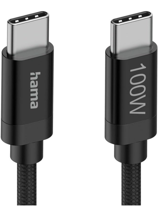 Hama Fabric Braided USB C to USB C Cable 100W Fast Charging 1.5m PD 3.1 USB-C Type C Data Sync Cord for Mobile, Laptop - Black Nylon - Image 1