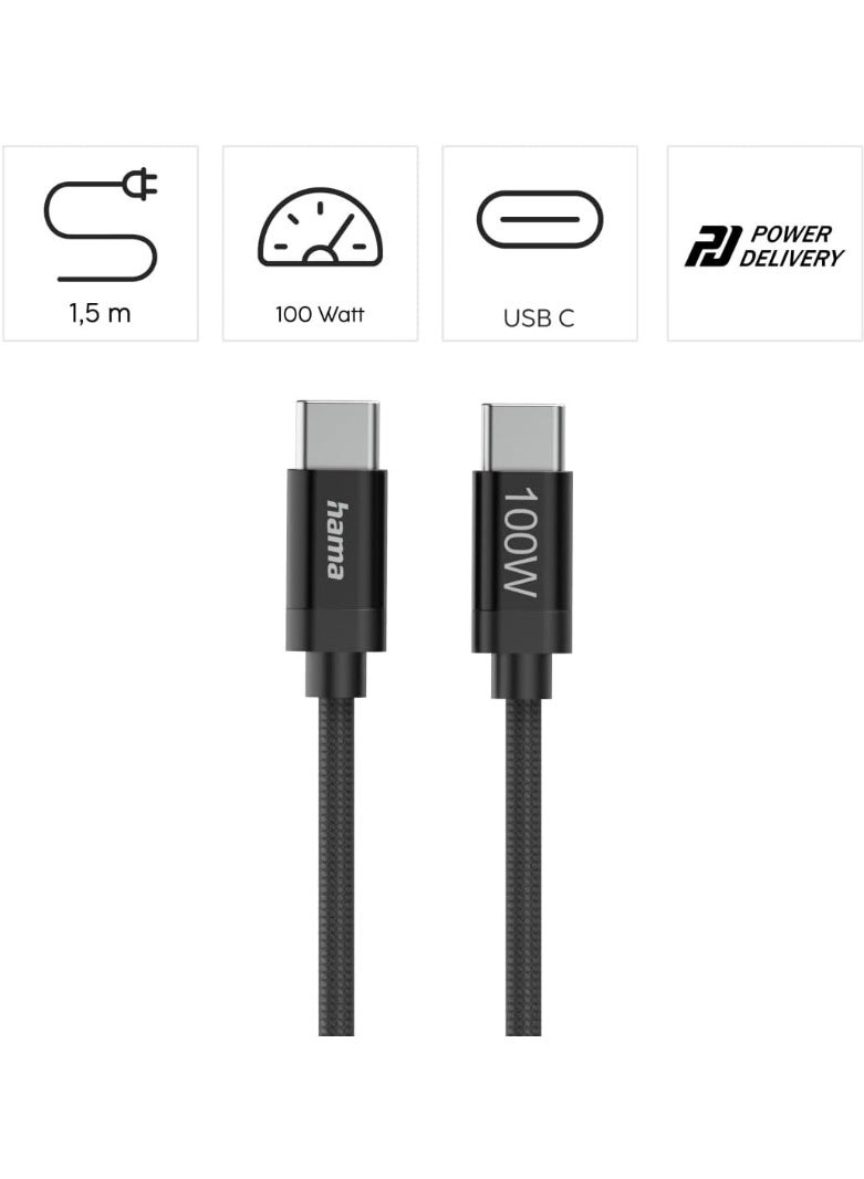 Hama Fabric Braided USB C to USB C Cable 100W Fast Charging 1.5m PD 3.1 USB-C Type C Data Sync Cord for Mobile, Laptop - Black Nylon - Image 2