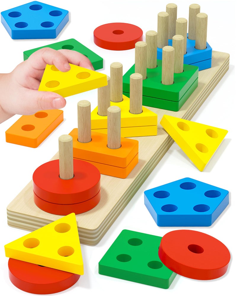 Tonberless Montessori Toys for 1 2 3 Year Old Boy Girl, Toys for Ages 2-4 Toddlers Kids Baby, 1 2 Year Old Boy Girl Birthday Gifts, Wooden Learning Puzzles Shape Sorter Toys for Toddlers 1-3 - Image 1