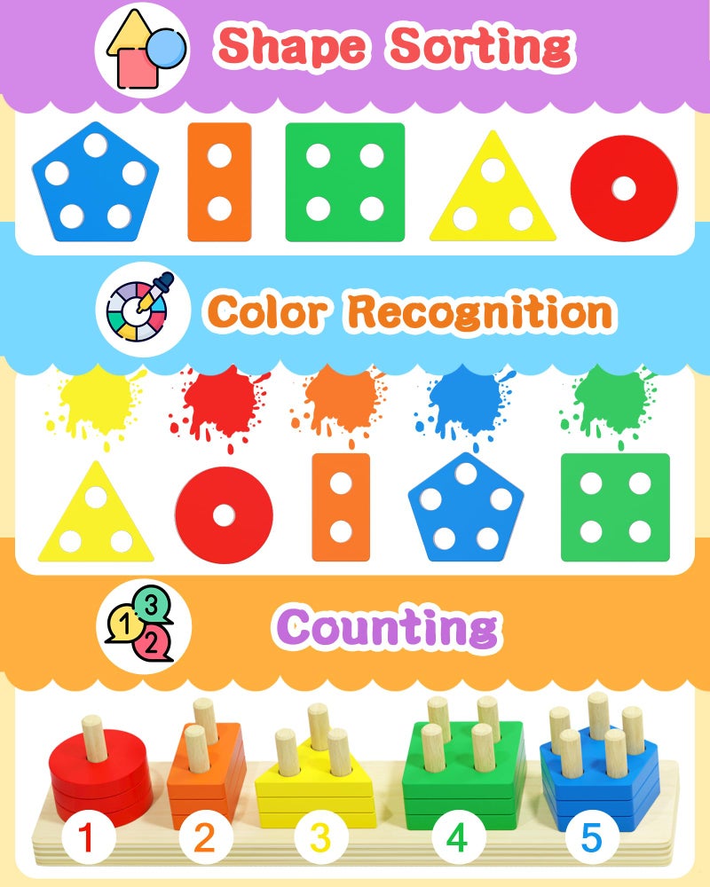 Tonberless Montessori Toys for 1 2 3 Year Old Boy Girl, Toys for Ages 2-4 Toddlers Kids Baby, 1 2 Year Old Boy Girl Birthday Gifts, Wooden Learning Puzzles Shape Sorter Toys for Toddlers 1-3 - Image 3