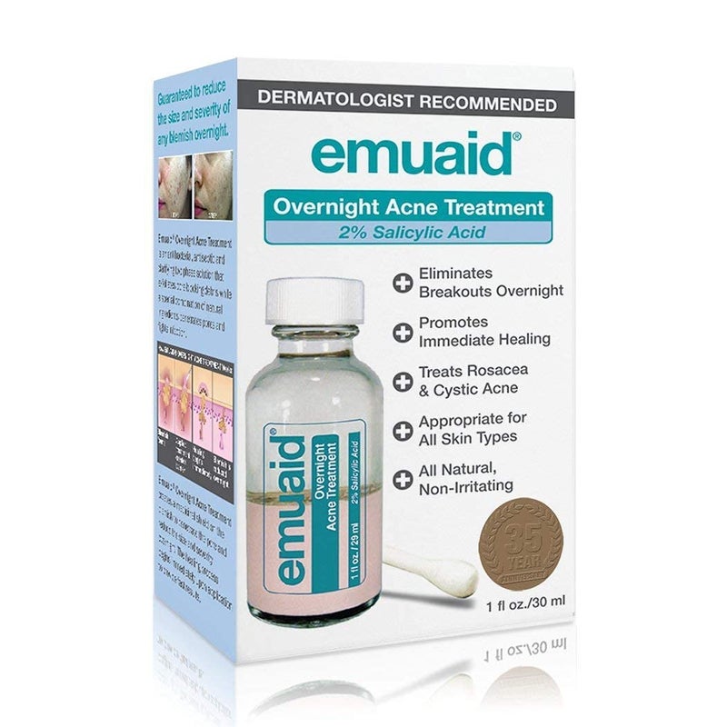 Emuaid علاج حب الشباب EMUAID الليلي، حل لطيف وسريع المفعول مع حمض الساليسيليك للبالغين والمراهقين، يزيل البثور العنيدة، حب الشباب الكيسي، الرؤوس السوداء، الوردية، والانفجارات الهرمونية، 1 أونصة - Image 1