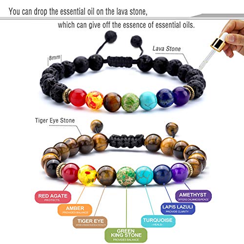 Hamoery Men Women 8mm Lava Rock Chakra Beads Bracelet Set Friend Gifts Braided Rope Natural Stone Yoga Bracelet Bangle (Lava & Tiger) - Image 2