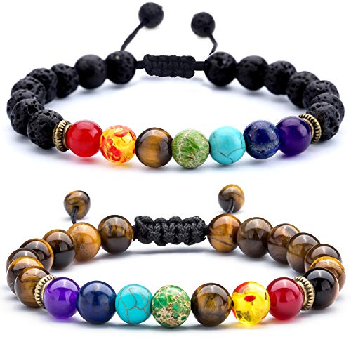 Hamoery Men Women 8mm Lava Rock Chakra Beads Bracelet Set Friend Gifts Braided Rope Natural Stone Yoga Bracelet Bangle (Lava & Tiger) - Image 1