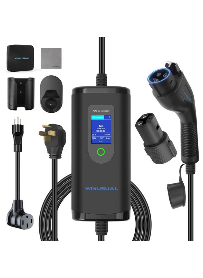 WINUSUAL 40 amp EV Charger Level 2 & 1 Portable EV Charging Station with 25FT Cable, 240V, NEMA 14-50 Plug with SAE J1772 Fast Charging for Indoor/Outdoor(with Tesla Adapter & NEMA 5-15 Plug) - Image 1