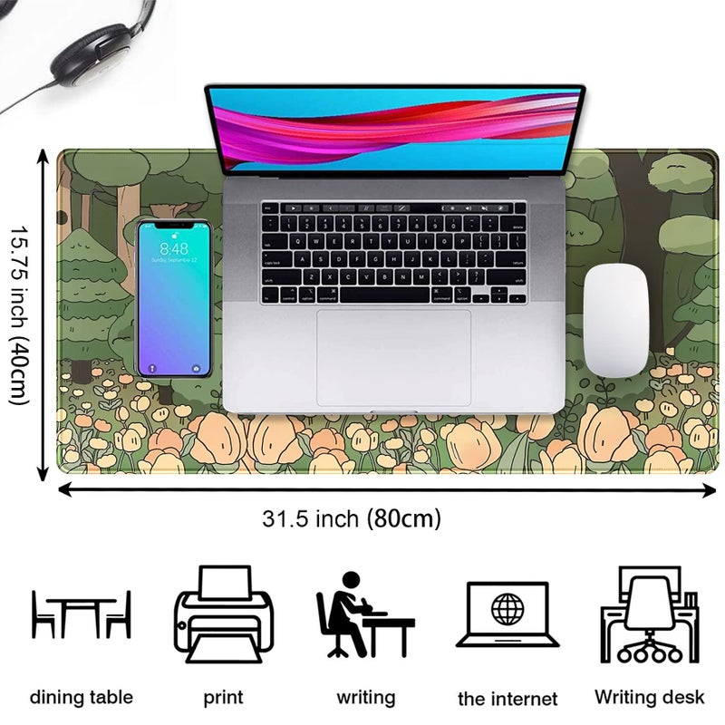 DSKGSJH حصيرة مكتب غابة الأنمي، وسادة ماوس خضراء لطيفة، حصيرة سطح مكتب جمالية كاواي XXL لوسادة الألعاب XL، حصيرة لوحة المفاتيح الكبيرة للحيوانات الكورية الدب والأرنب 31.5x15.7 بوصة غير قابلة للانزلاق وحواف مخيطة - Image 3