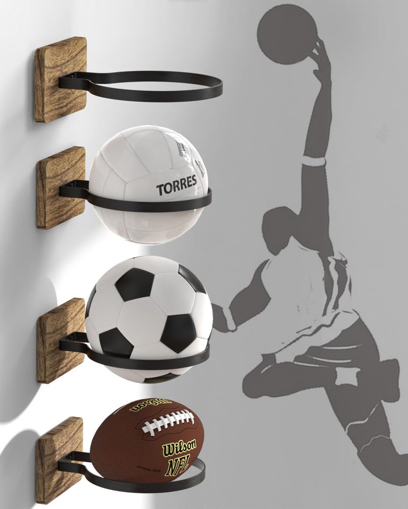 AIDILI 4 Pcs Wall Mount Basketball Holder with Wooden Base, Ball Storage Holders Display Rack for Autograph Basketball, Football, Soccer, Volleyball Collection, Sports Accessories Organizer for Player Fans - Image 1
