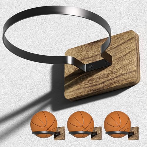AIDILI 4 Pcs Wall Mount Basketball Holder with Wooden Base, Ball Storage Holders Display Rack for Autograph Basketball, Football, Soccer, Volleyball Collection, Sports Accessories Organizer for Player Fans - Image 2