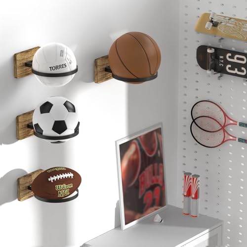 AIDILI 4 Pcs Wall Mount Basketball Holder with Wooden Base, Ball Storage Holders Display Rack for Autograph Basketball, Football, Soccer, Volleyball Collection, Sports Accessories Organizer for Player Fans - Image 5