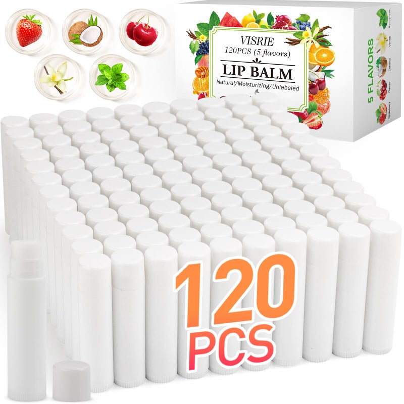 VISRIE 120 Pack Lip Balm Unlabeled, Natural Lip Balm Bulk Blank Tube, Personalized Lip Balms for Party Favors Adults and Bridal Shower Favors or Baby Shower Gifts-5 Flavors - Image 1