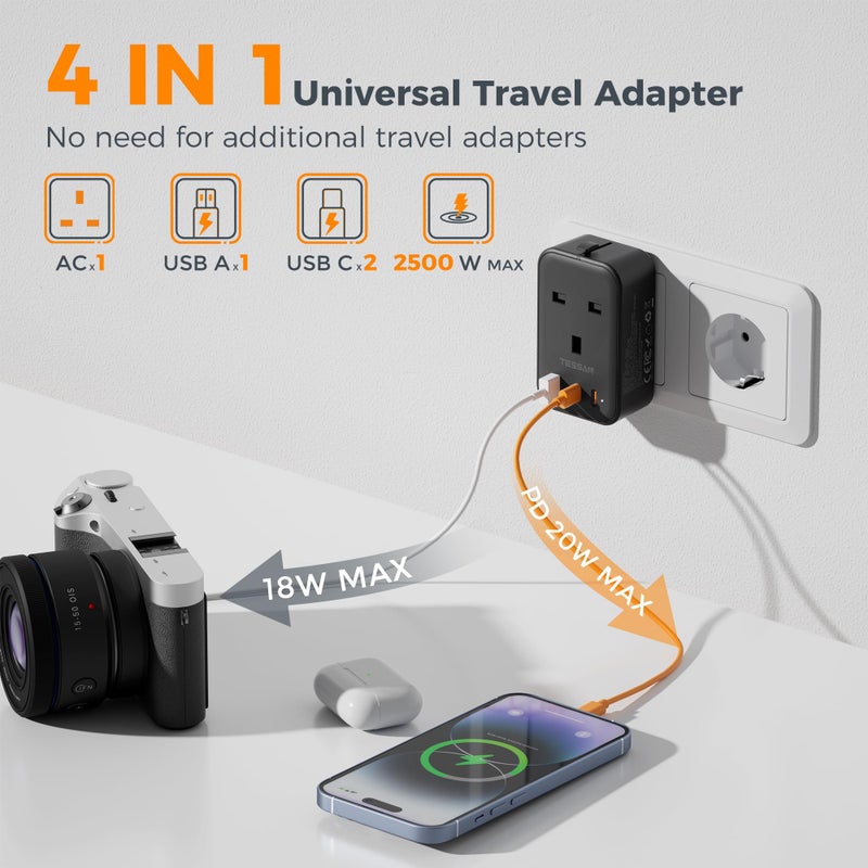 تيسان TESSAN UK to Universal Travel Adapter, 1 Pack, Black - Image 3
