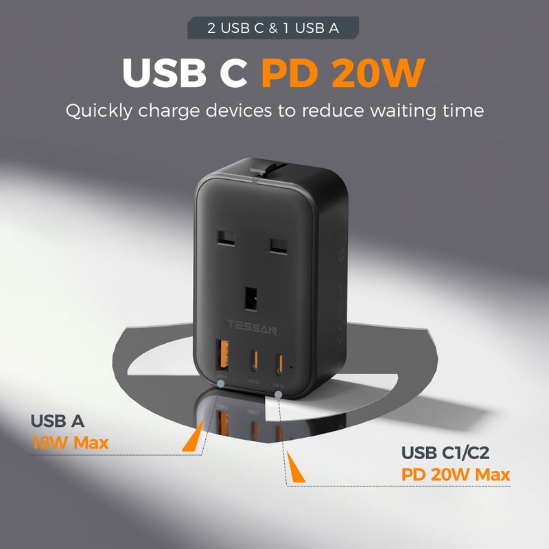 تيسان TESSAN UK to Universal Travel Adapter, 1 Pack, Black - Image 4