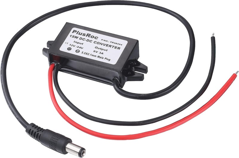 PlusRoc Waterproof 12V/24V to 5V Converter Step Down Module Power Adapter for CCTV Security Camera, LED Strip Light, DVR (5.5x2.1mm DC Male Plug) - Image 1