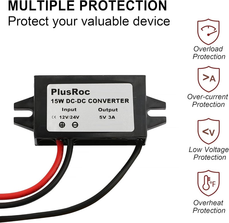 PlusRoc Waterproof 12V/24V to 5V Converter Step Down Module Power Adapter for CCTV Security Camera, LED Strip Light, DVR (5.5x2.1mm DC Male Plug) - Image 4