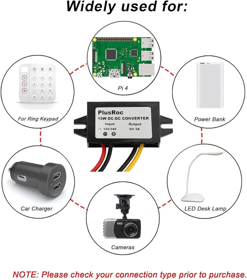 PlusRoc Waterproof 12V/24V to 5V Converter Step Down Module Power Adapter for CCTV Security Camera, LED Strip Light, DVR (5.5x2.1mm DC Male Plug) - Image 5