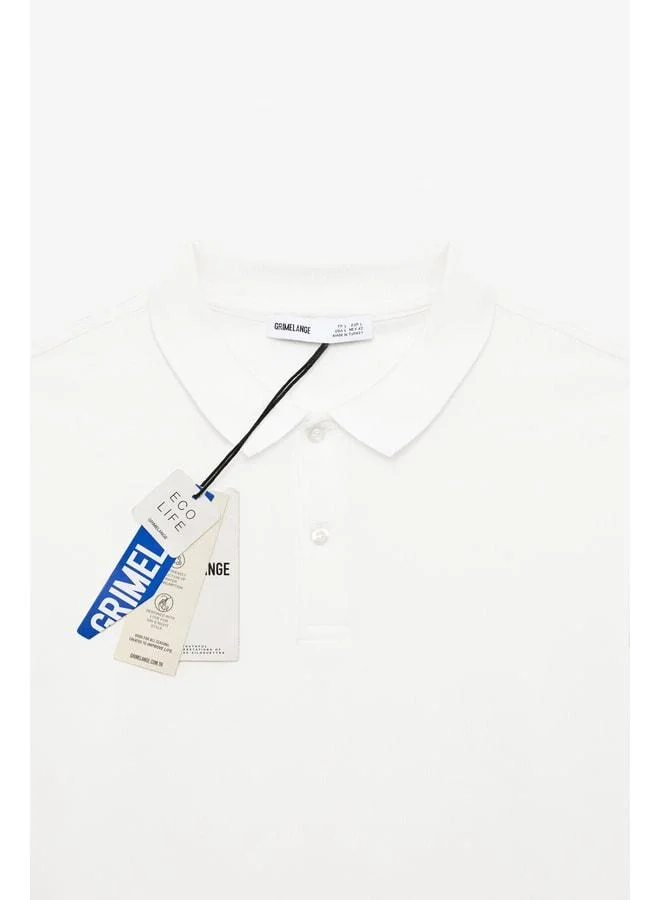Grimelange SKYLOOM Men's 100% Cotton Short Sleeve Regular Fit White Polo Collar T-shirt.