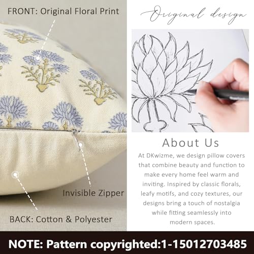 DKwizme Farmhouse Floral Pillow Covers 18x18 Set of 2, Country Botanical Throw Pillow Cover for Sofa Couch Bed Living Room, Rustic Vintage Flower Cushion Covers Cottage Home Decor,Blue Mustard - Image 3