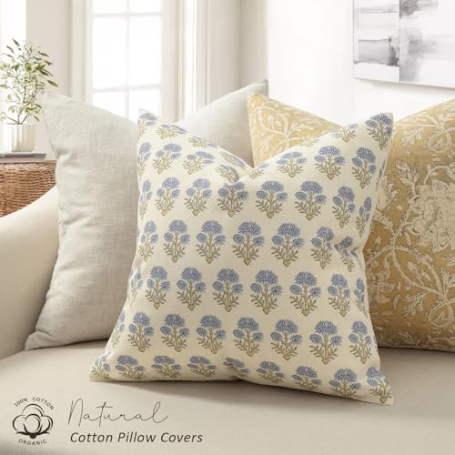 DKwizme Farmhouse Floral Pillow Covers 18x18 Set of 2, Country Botanical Throw Pillow Cover for Sofa Couch Bed Living Room, Rustic Vintage Flower Cushion Covers Cottage Home Decor,Blue Mustard - Image 2