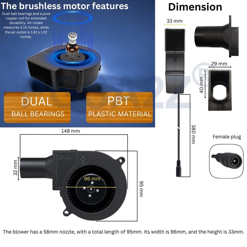 PGSA2Z DC Brushless BBQ Blower Fan, 12V, 6500 RPM, Variable Speed Control, 97mm x 33mm, with AC Adapter, Black - Image 3