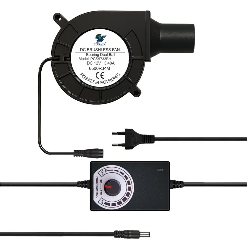 PGSA2Z DC Brushless BBQ Blower Fan, 12V, 6500 RPM, Variable Speed Control, 97mm x 33mm, with AC Adapter, Black - Image 1