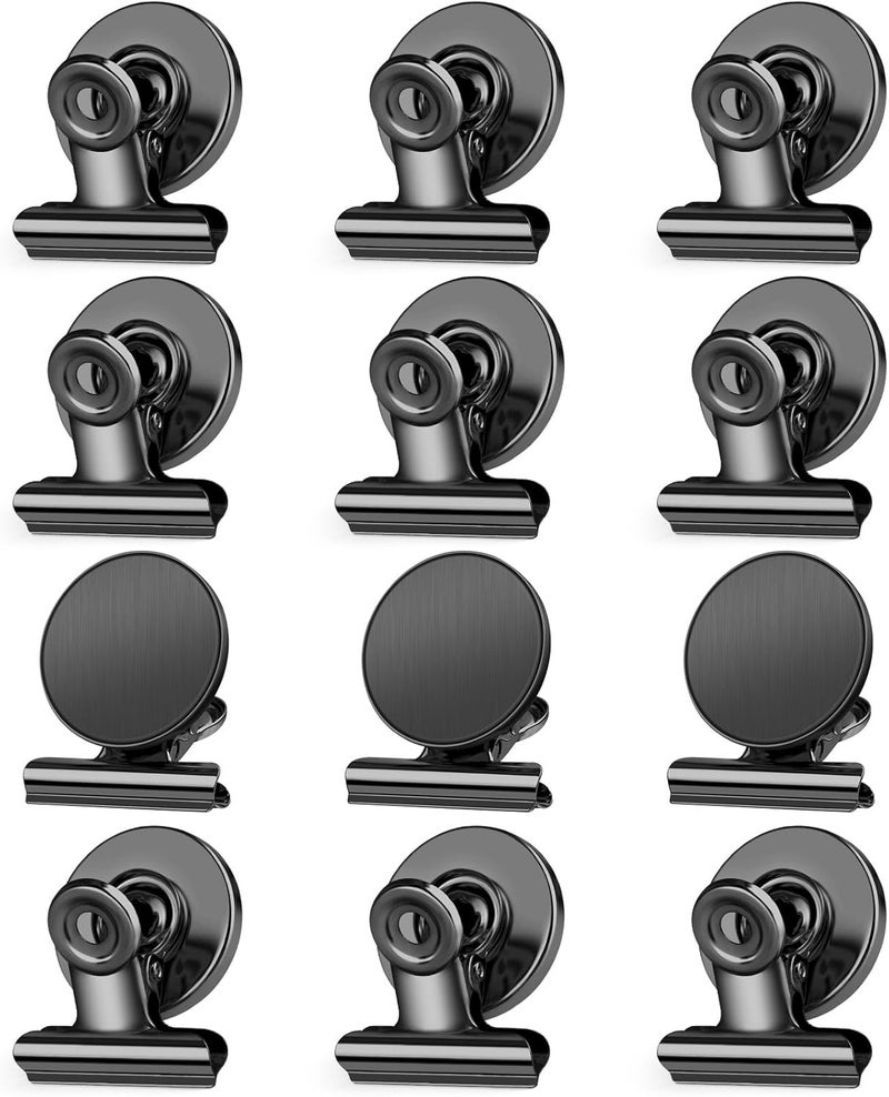 FINDMAG Magnetic Clips, 12 Pieces in Black Fridge Magnets, Scratch-Free Fridge Magnets Clips, Whiteboard Magnets Clips, Clips Magnet for fridge, Strong Magnet with Clips for Whiteboard, Paper, Bags - Image 1