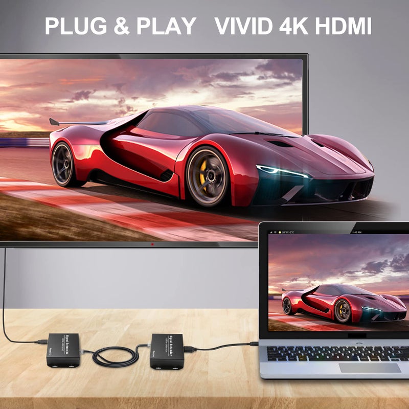 LornCeng 4K HDMI USB KVM Extender Over IP up to 394FT, Remote IP KVM Over Ethernet Cat5a/Cat6, 4 Ports USB2.0 Hub, Plug & Play, Audio/Mic/RS232/IR/EDID - Image 2