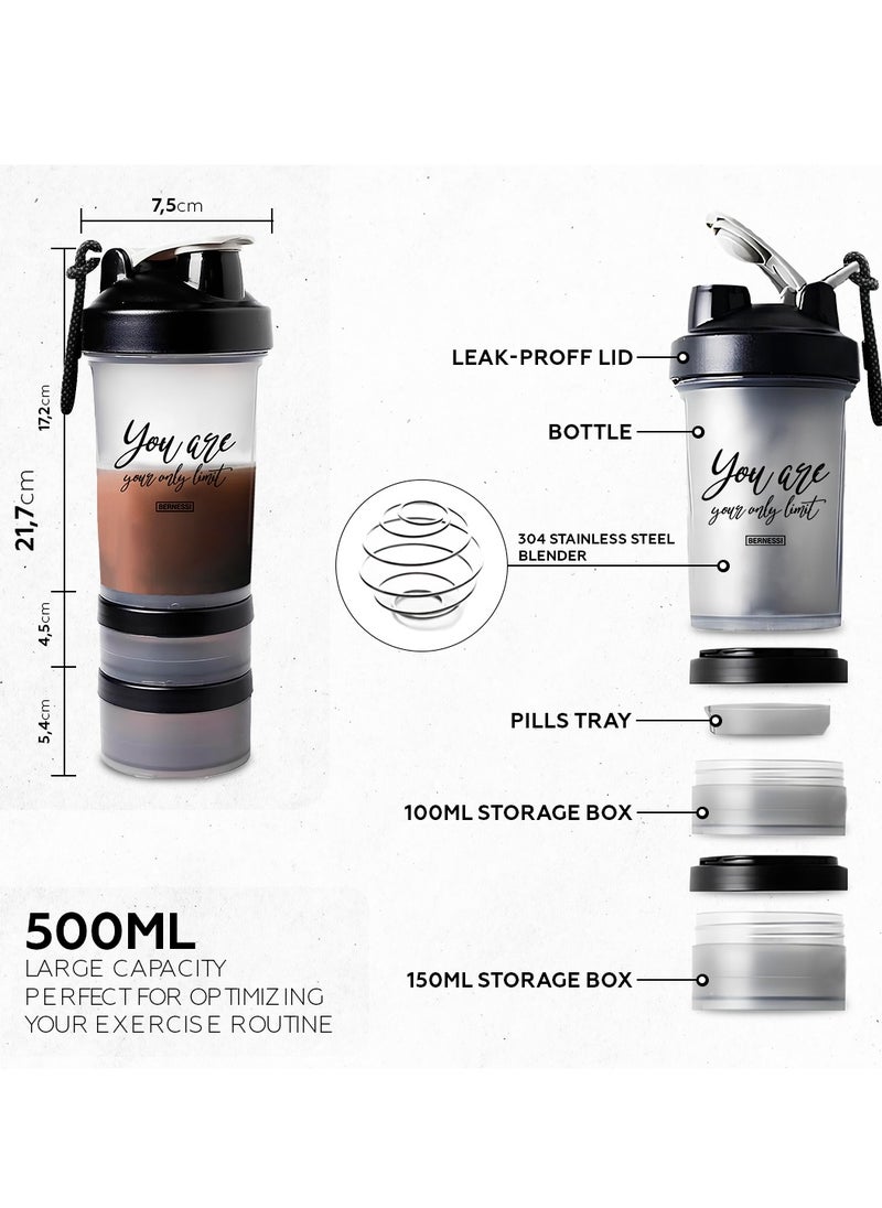 Bernessi - 450ml/15oz Protein Shaker Bottle with Leak-Proof for Protein Mixes & Shakes with Stainless Steel Ball, Protein Bottle Blender Cocktail Shaker Cup for Gym Fitness Home Pre Workout Male Female - Image 1