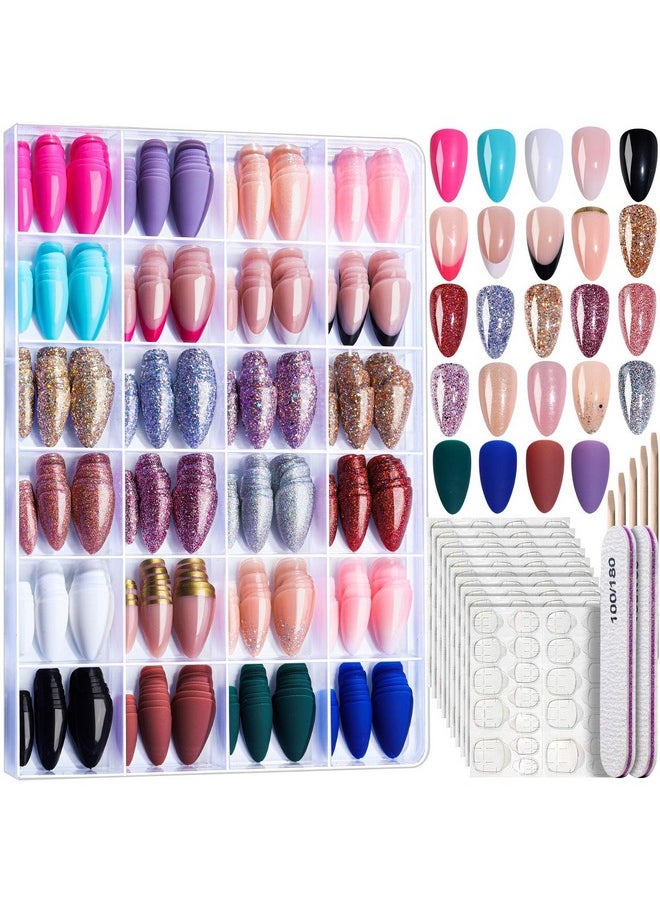 FANDAMEI FANDAMEI Press on Nails, 24 Colors 576PCS Press on Nails Almond, Matte Glossy Press on Nails Short Almond, Glitter Fake Nails, Press on Nails French Tip Natural, Press on Nails for Nail Art  - Image 1