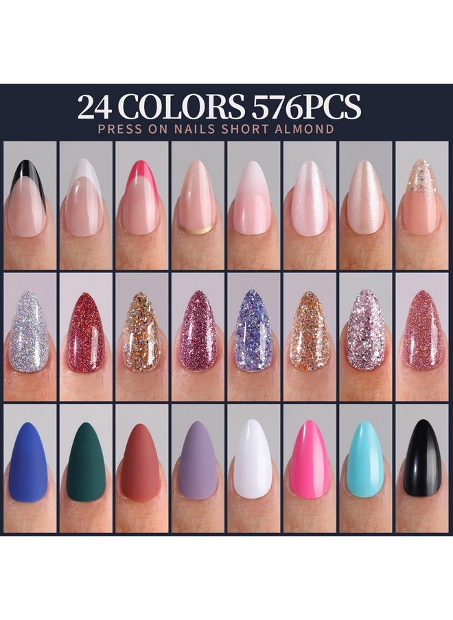FANDAMEI FANDAMEI Press on Nails, 24 Colors 576PCS Press on Nails Almond, Matte Glossy Press on Nails Short Almond, Glitter Fake Nails, Press on Nails French Tip Natural, Press on Nails for Nail Art  - Image 5