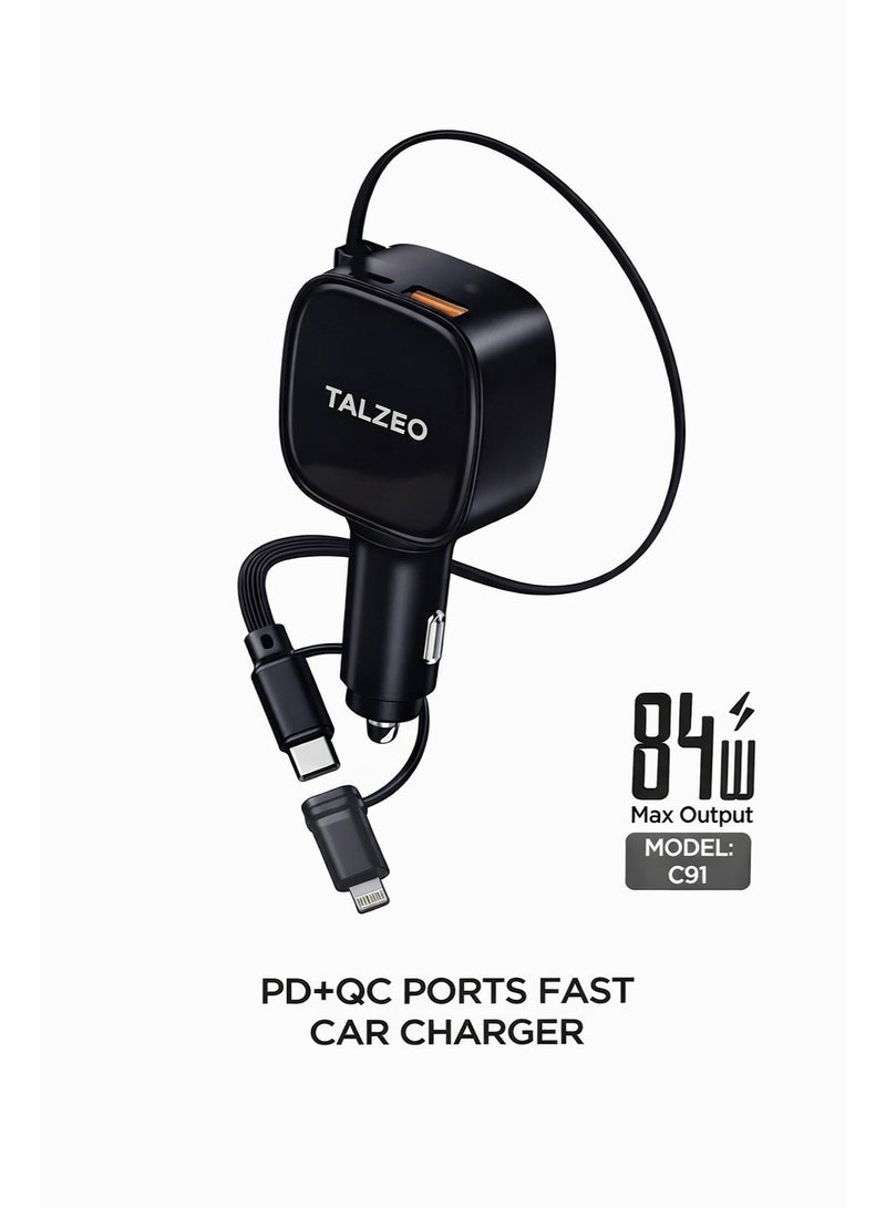 Talzeo 84W Fast Car Charger with 0.75m Retractable USB‑C Cable, 2C+1A Multi‑Port Tangle‑Free Adapter, High‑Temperature & Short‑Circuit Protection, Compatible with iPad, iPhone, Samsung & Other Android Devices, PD 30W + QC​ - Image 1