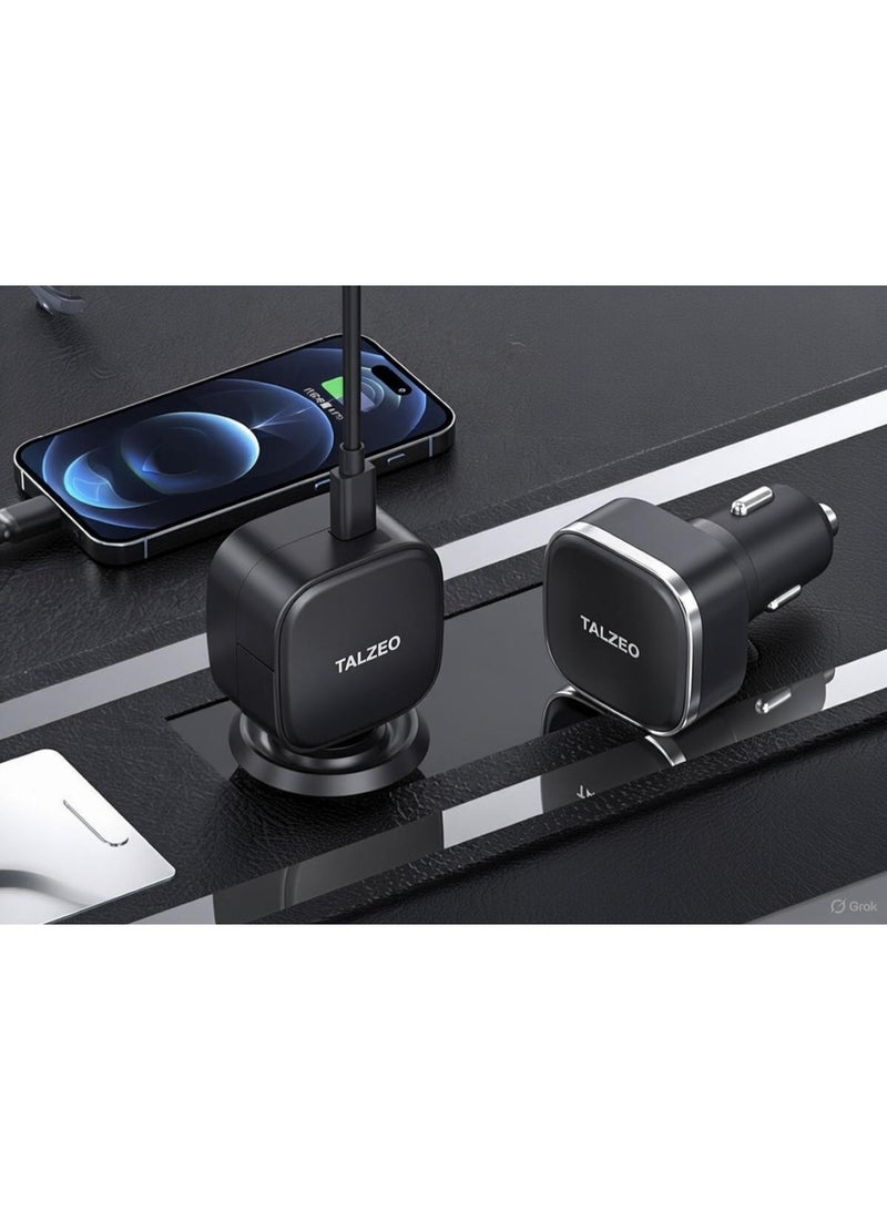 Talzeo 84W Fast Car Charger with 0.75m Retractable USB‑C Cable, 2C+1A Multi‑Port Tangle‑Free Adapter, High‑Temperature & Short‑Circuit Protection, Compatible with iPad, iPhone, Samsung & Other Android Devices, PD 30W + QC​ - Image 2