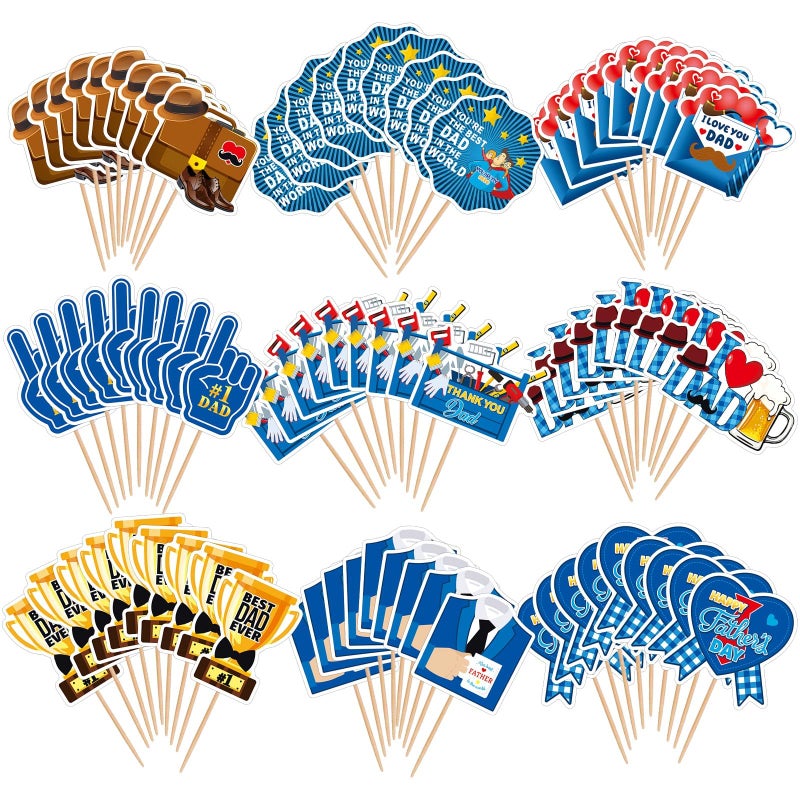 SANNIX 72Pcs Father's Day Cupcake Toppers  Happy Fathers Day Cake Toppers Best Dad Ever Cupcake Picks for Father Day Decorations Birthday Party Cupcake Decorations (9 Design) - Image 1