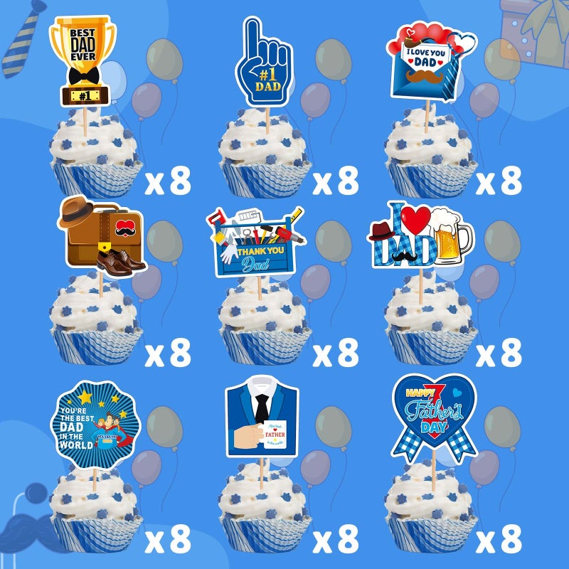 SANNIX 72Pcs Father's Day Cupcake Toppers  Happy Fathers Day Cake Toppers Best Dad Ever Cupcake Picks for Father Day Decorations Birthday Party Cupcake Decorations (9 Design) - Image 3
