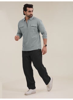 Maniac Maniac Men Solid Oversized Polo Neck 2 Pocket Full Sleeve Light Grey Cotton T-Shirt  - Image 3