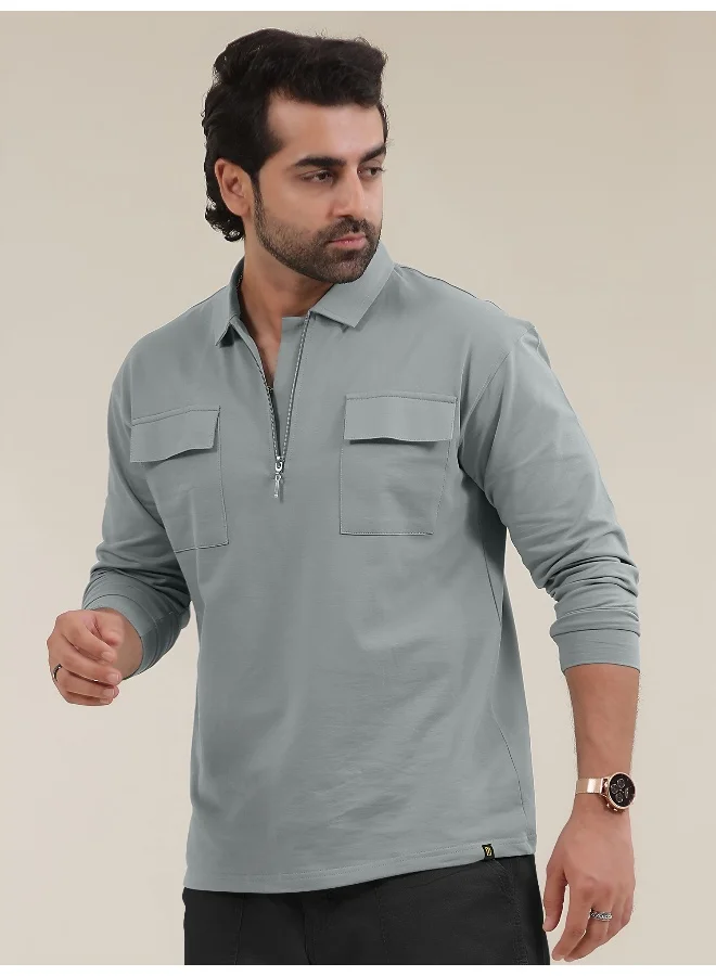 Maniac Maniac Men Solid Oversized Polo Neck 2 Pocket Full Sleeve Light Grey Cotton T-Shirt