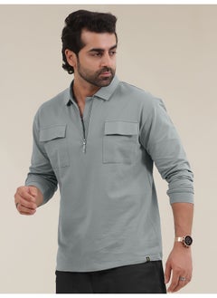 Maniac Maniac Men Solid Oversized Polo Neck 2 Pocket Full Sleeve Light Grey Cotton T-Shirt  - Image 4