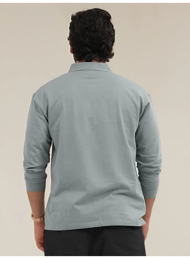 Maniac Maniac Men Solid Oversized Polo Neck 2 Pocket Full Sleeve Light Grey Cotton T-Shirt