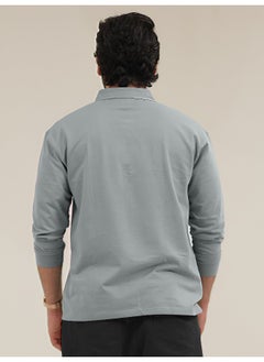 Maniac Maniac Men Solid Oversized Polo Neck 2 Pocket Full Sleeve Light Grey Cotton T-Shirt  - Image 5