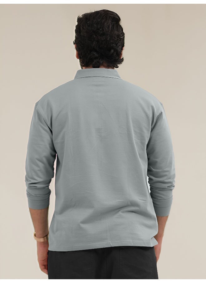 Maniac Maniac Men Solid Oversized Polo Neck 2 Pocket Full Sleeve Light Grey Cotton T-Shirt  - Image 5