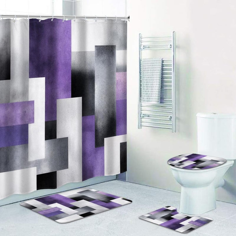 Riyidecor 4PCs Abstract Purple Grey Shower Curtain Bathroom Set with Non-Slip Rugs, Toilet Lid Cover and Bath Mat Geometric Color Blocks Waterproof 12 Pack Hooks 72x72 inch Simple Shower Curtain Decor - Image 5