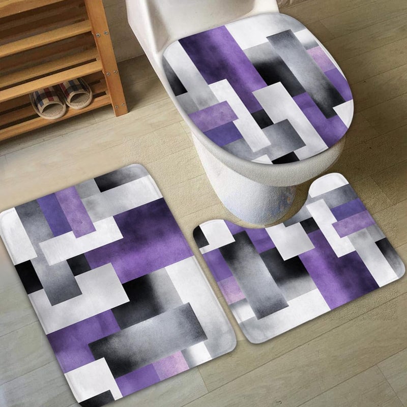 Riyidecor 4PCs Abstract Purple Grey Shower Curtain Bathroom Set with Non-Slip Rugs, Toilet Lid Cover and Bath Mat Geometric Color Blocks Waterproof 12 Pack Hooks 72x72 inch Simple Shower Curtain Decor - Image 2