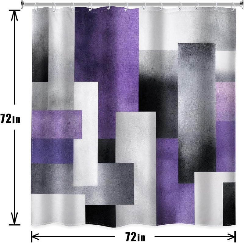 Riyidecor 4PCs Abstract Purple Grey Shower Curtain Bathroom Set with Non-Slip Rugs, Toilet Lid Cover and Bath Mat Geometric Color Blocks Waterproof 12 Pack Hooks 72x72 inch Simple Shower Curtain Decor - Image 3