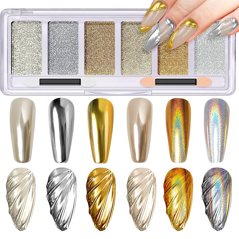 بودرة أظافر كروم فضي ذهبي، بودرة كروم هولوجرافية قوس قزح للأظافر، 6 ألوان تأثير مرآة معدني بودرة فن الأظافر مع أدوات تطبيق للأظافر