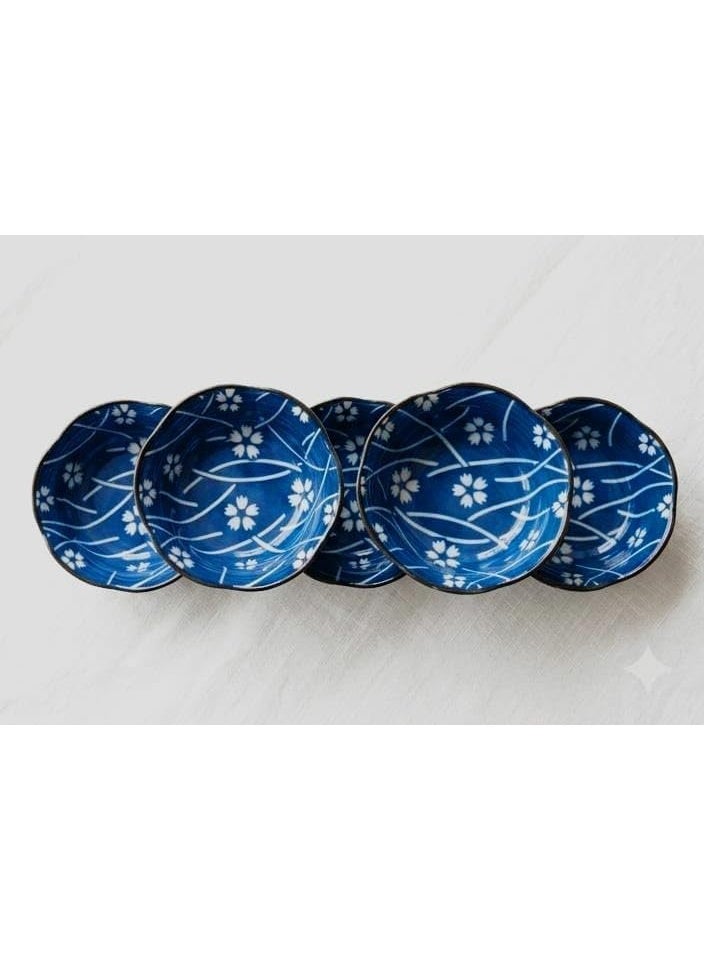 Ceramic Serving Bowls Small Ceramic Plates Set, Blue and White, Cherry Blossom Pattern, Japanese Style, 5 Pieces - Image 1