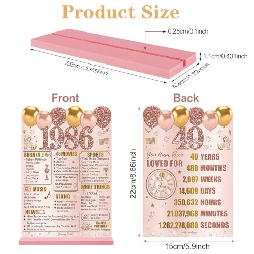Guiruiy Pink Rose Gold 40th Birthday Decorations for Women, Two-Sided Vintage 40 Back in 1986 Theme Poster Wooden Table Sign with Stand, Forty Years Old Bday Centerpieces Holder for Table Decor - Image 2