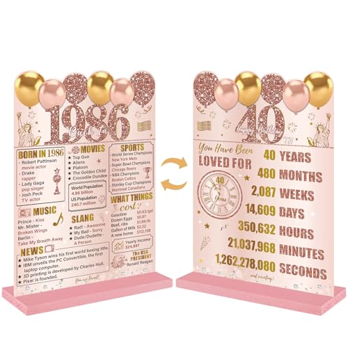 Guiruiy Pink Rose Gold 40th Birthday Decorations for Women, Two-Sided Vintage 40 Back in 1986 Theme Poster Wooden Table Sign with Stand, Forty Years Old Bday Centerpieces Holder for Table Decor - Image 1