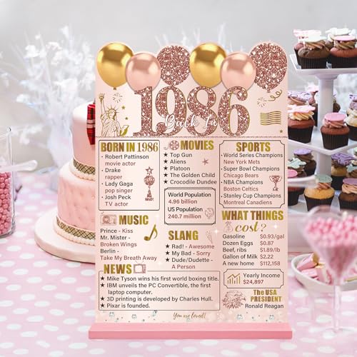 Guiruiy Pink Rose Gold 40th Birthday Decorations for Women, Two-Sided Vintage 40 Back in 1986 Theme Poster Wooden Table Sign with Stand, Forty Years Old Bday Centerpieces Holder for Table Decor - Image 4