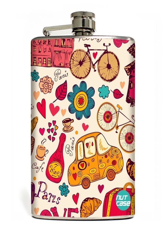 Nutcase Designer Hip Flask 9 Oz - Nutcase - with Free Funnel Along - Paris City Cycle Enjoy - Image 1